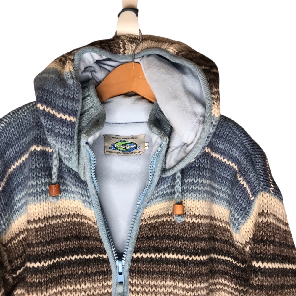 Laundromat Striped Blue Brown Cream Full Zip Wool Sweater Jacket Unisex Large - Picture 3 of 11